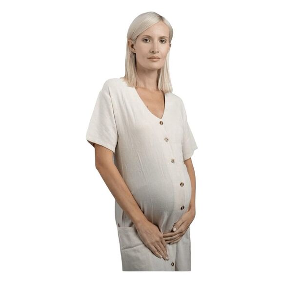 Lola & Luke Maternity Natural Ivory Linen Dress Midi Button Front Short Sleeve C - Picture 1 of 11
